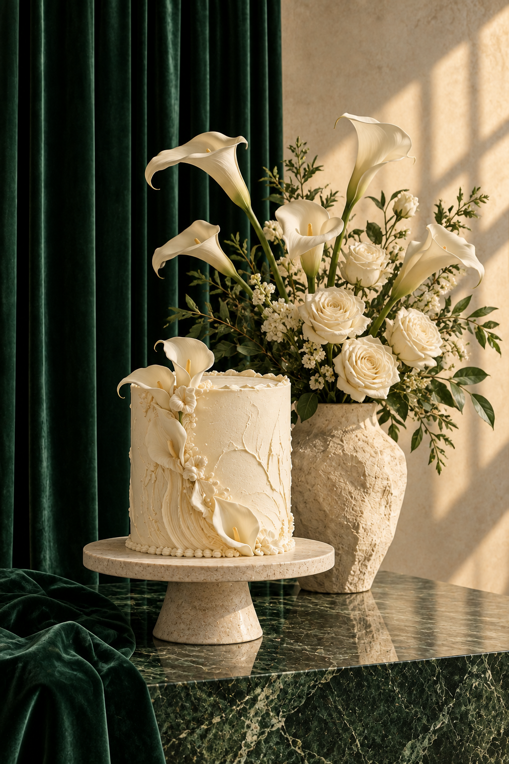 An ivory celebration cake beside white calla lilies and roses on emerald marble