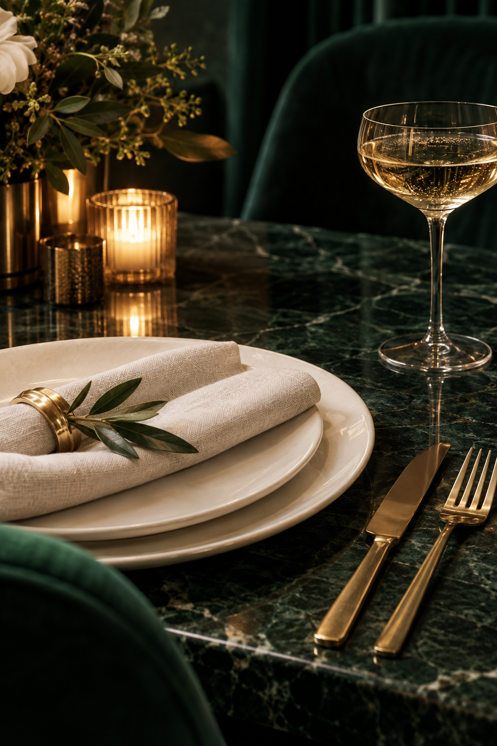 An elegant dinner setting on green marble