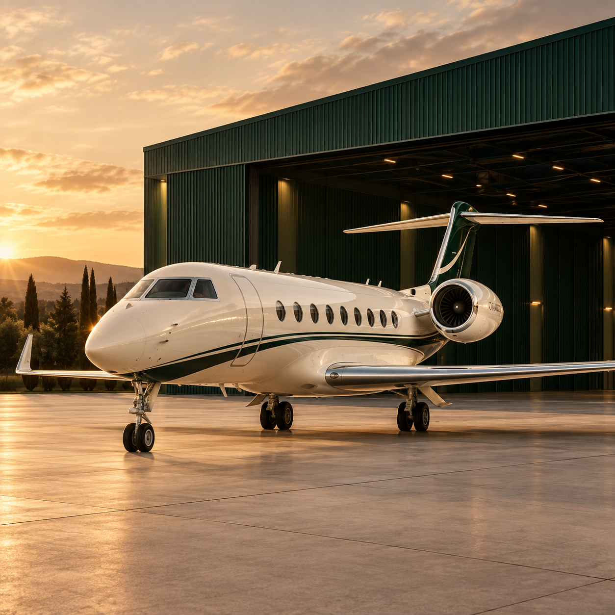 An ivory private jet outside a deep emerald hangar in warm evening light